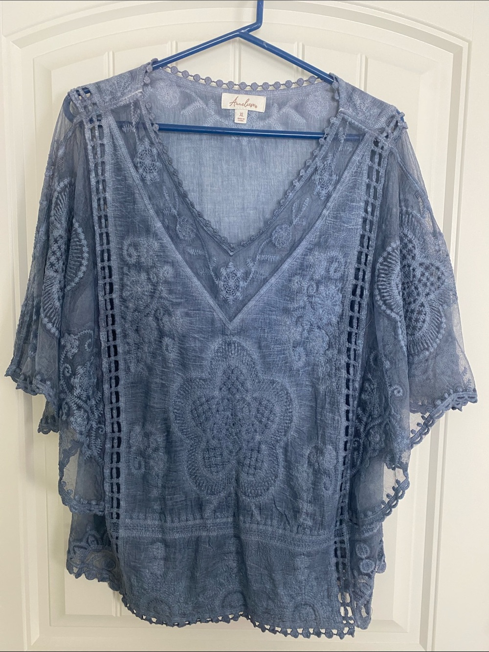 Amalfi Dusty Blue Embroidered V-Neck Lace Blouse